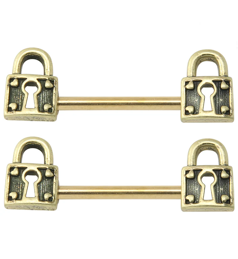 Gold PVD Antique Lock Stainless Steel Nipple Barbell