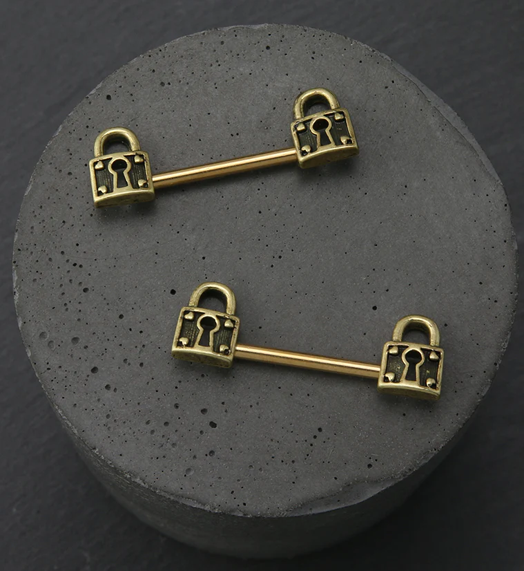 Gold PVD Antique Lock Stainless Steel Nipple Barbell - Image 2