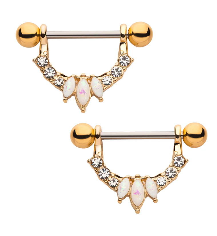 Gold PVD Apex White Opalilte Clear CZ Nipple Ring Barbell