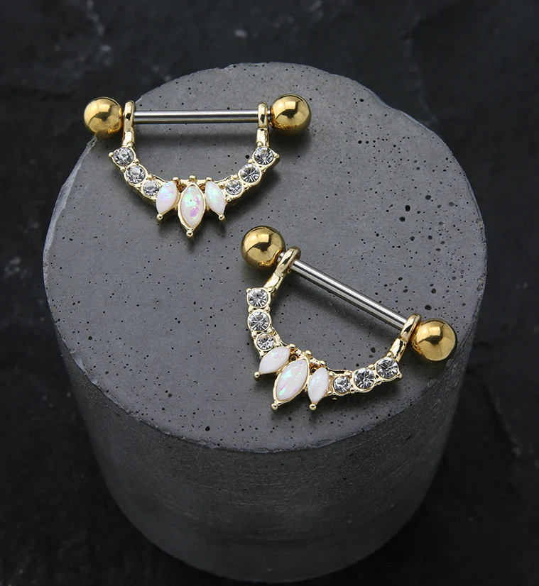 Gold PVD Apex White Opalilte Clear CZ Nipple Ring Barbell - Image 2