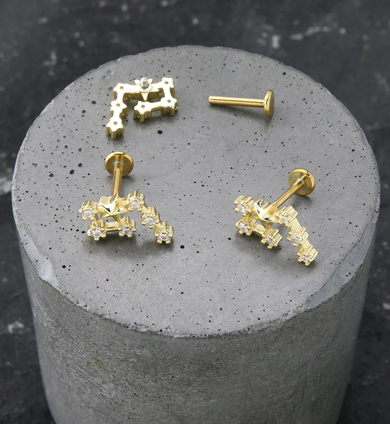 Gold PVD Aquarius Constellation Clear CZ Stainless Steel Internally Threaded Labret - Image 2