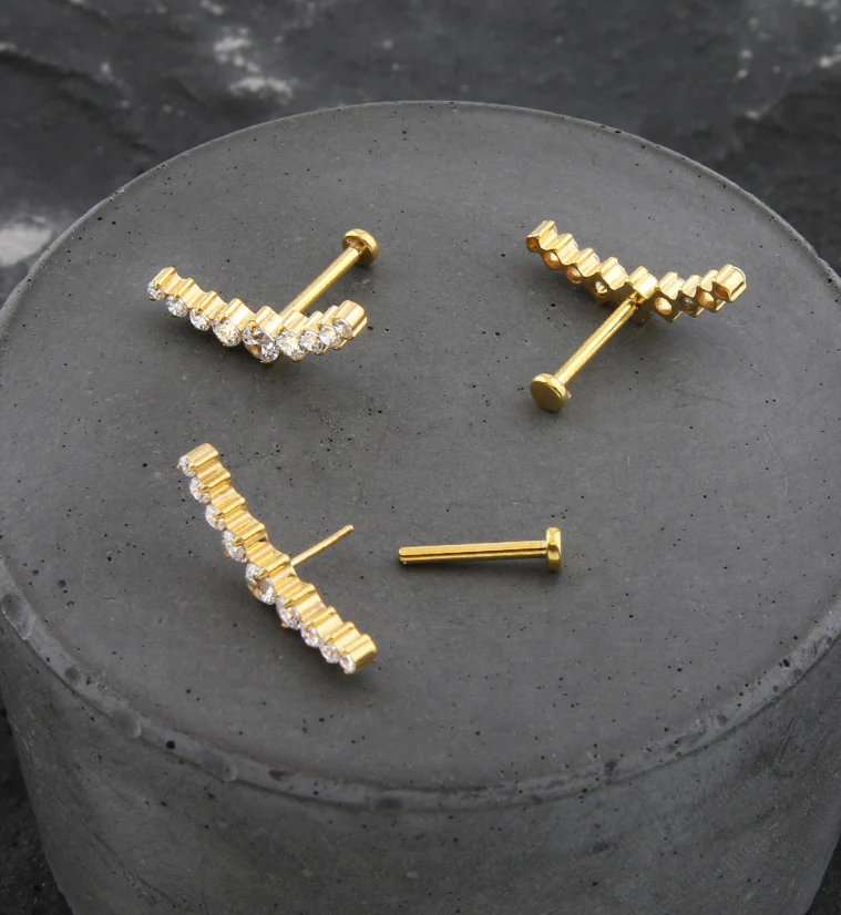 Gold PVD Arc Clear CZ Threadless Titanium Labret - Image 2