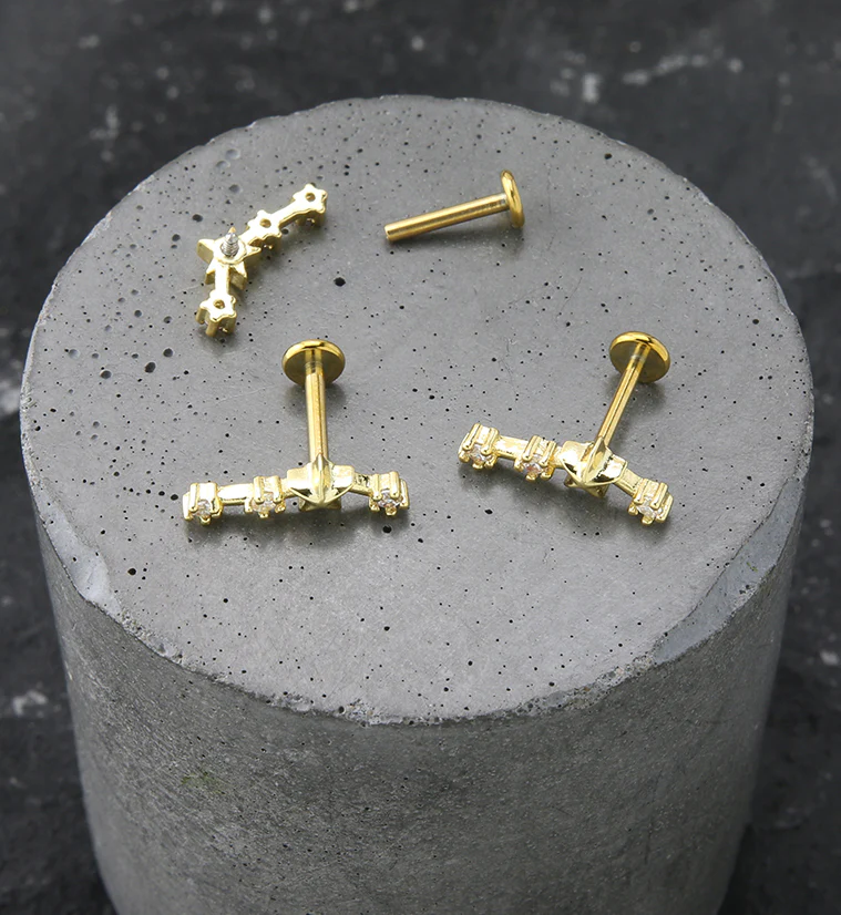 Gold PVD Aries Constellation Clear CZ Stainless Steel Internally Threaded Labret - Image 2