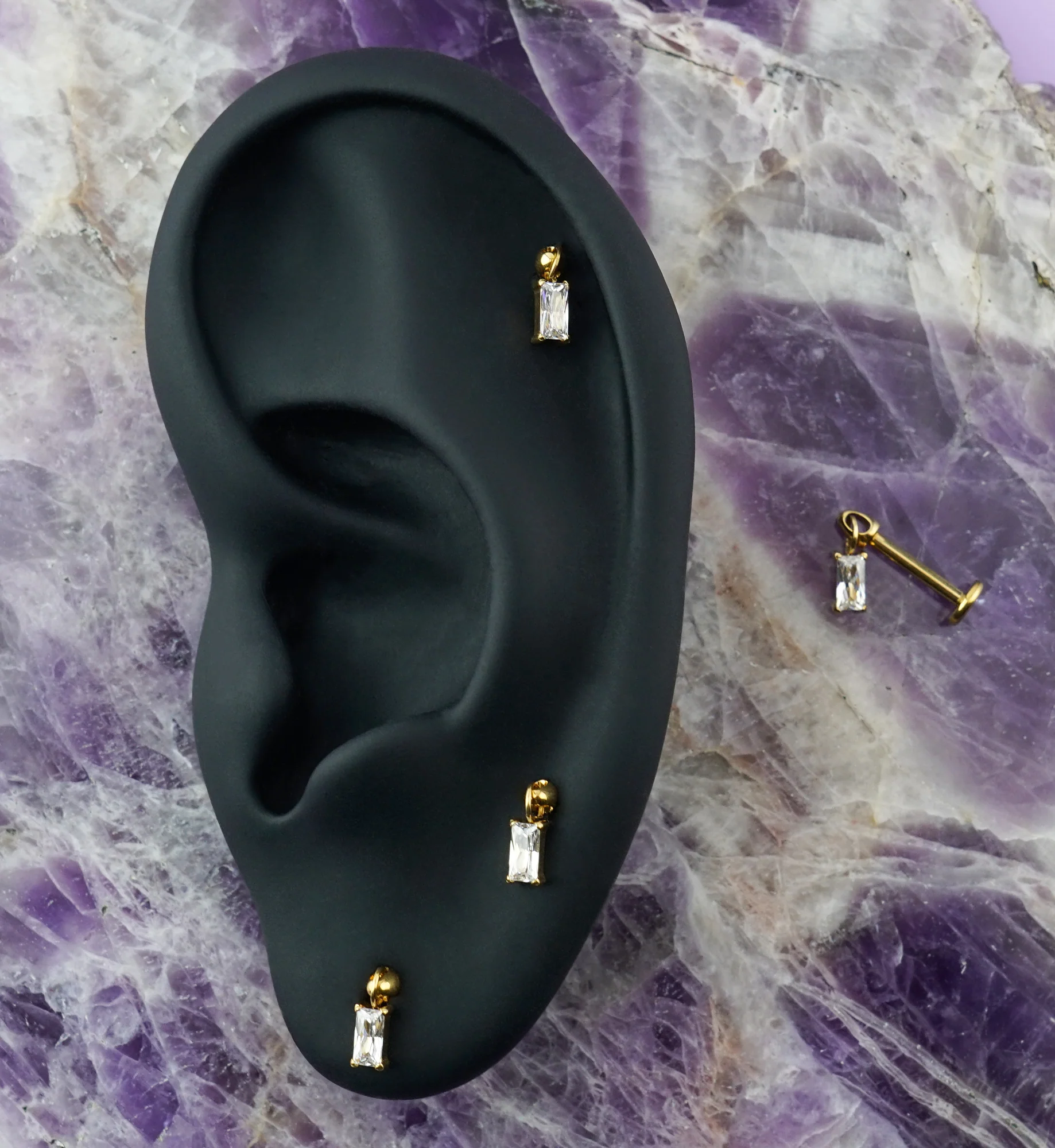 Gold PVD Baguette Dangle CZ Titanium Internally Threaded Labret - Image 2