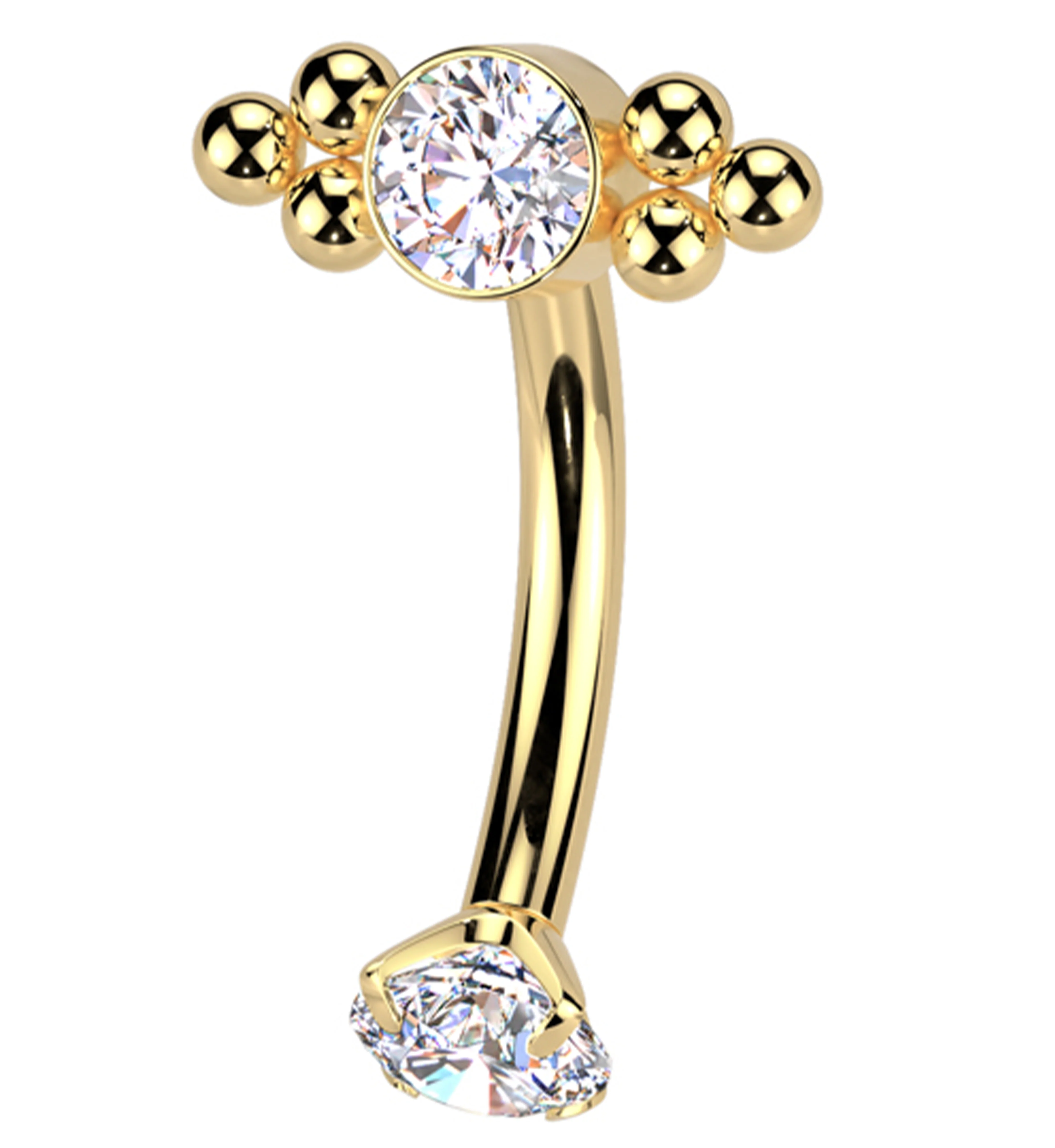 Gold PVD Beaded Bezel CZ Top With Prong CZ Bottom Internally Threaded Titanium Curved Barbell