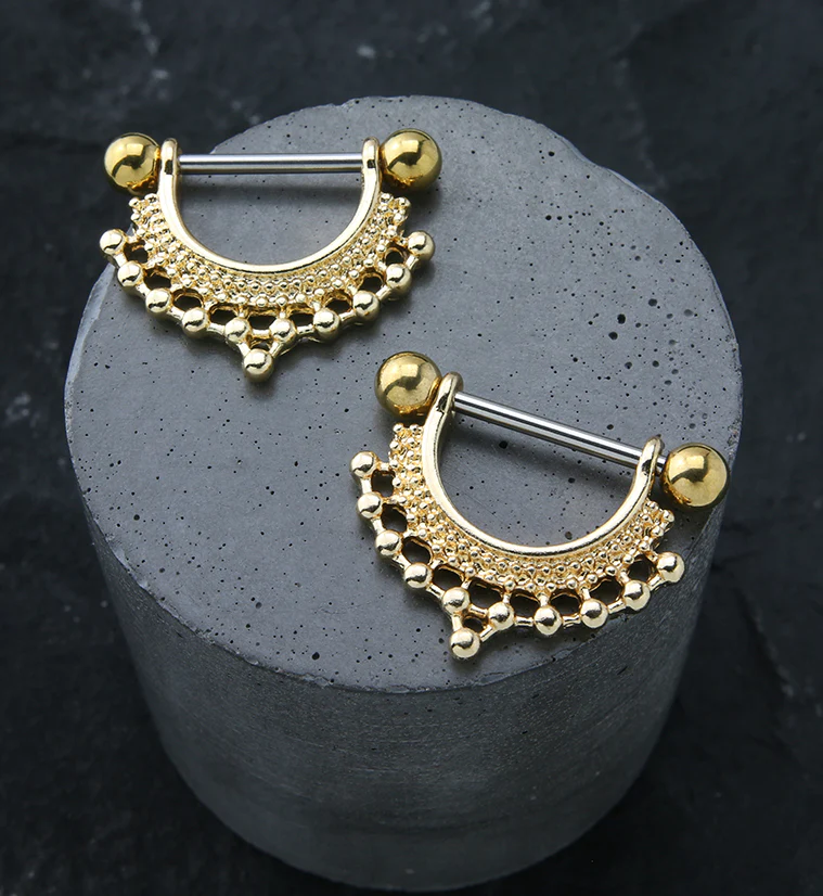Gold PVD Beaded Crown Nipple Ring Barbell - Image 2