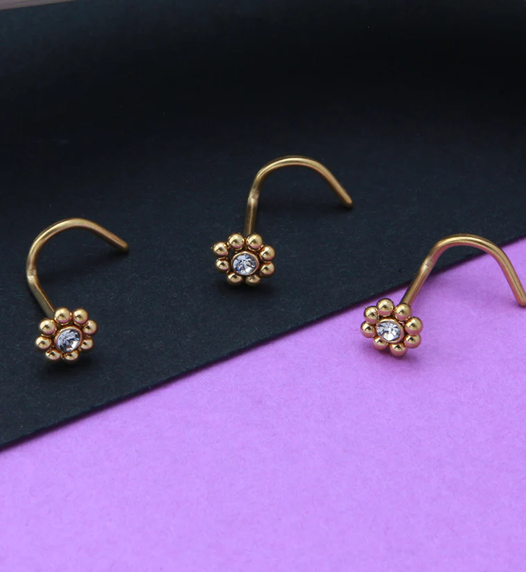 Gold PVD Beaded Flower CZ Nose Screw Ring - Image 3