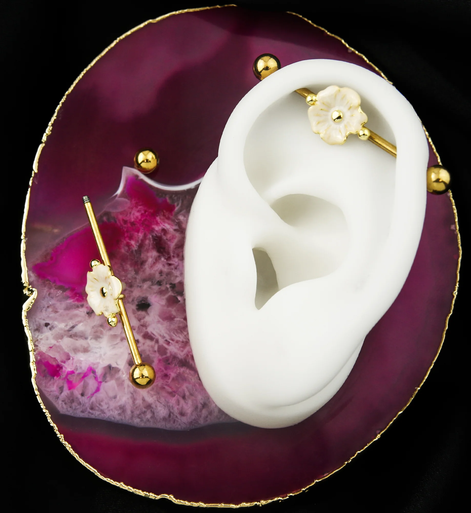 Gold PVD Beaded Flower Stainless Steel Industrial Barbell - Image 2