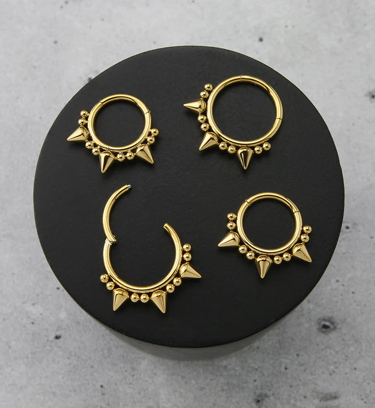 Gold PVD Beaded Mini Spike Stainless Steel Hinged Segment Ring - Image 2