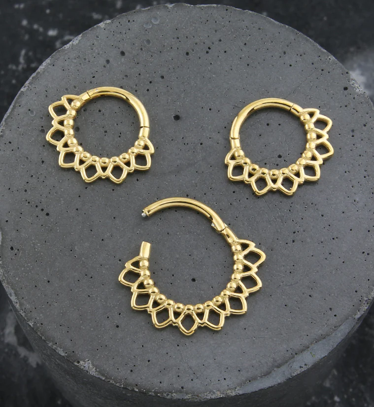 Gold PVD Beaded Sunflower Stainless Steel Hinged Segment Ring - Image 2