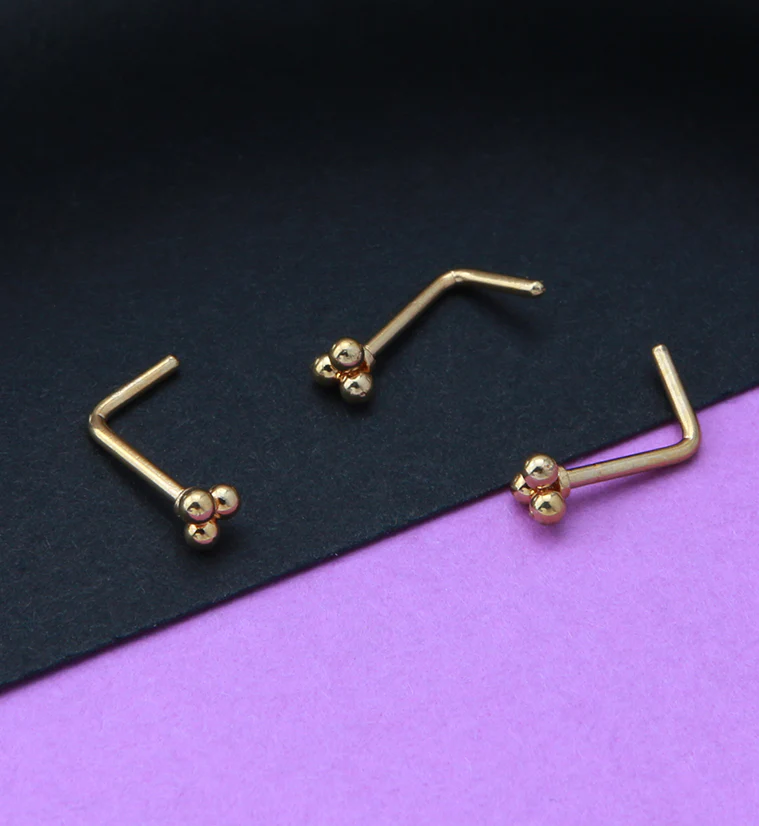Gold PVD Beaded Triad L Bend Nose Stud - Image 2