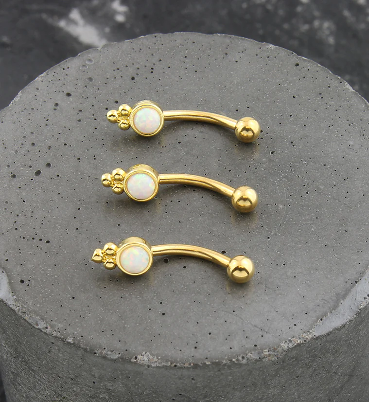 Gold PVD Beaded White Opalite Stainless Steel Curved Barbell - Image 2