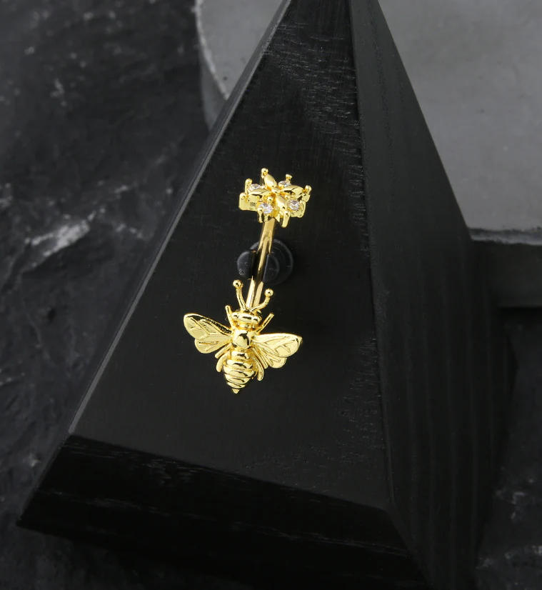 Gold PVD Bee Flower Top CZ Stainless Steel Belly Button Ring - Image 2