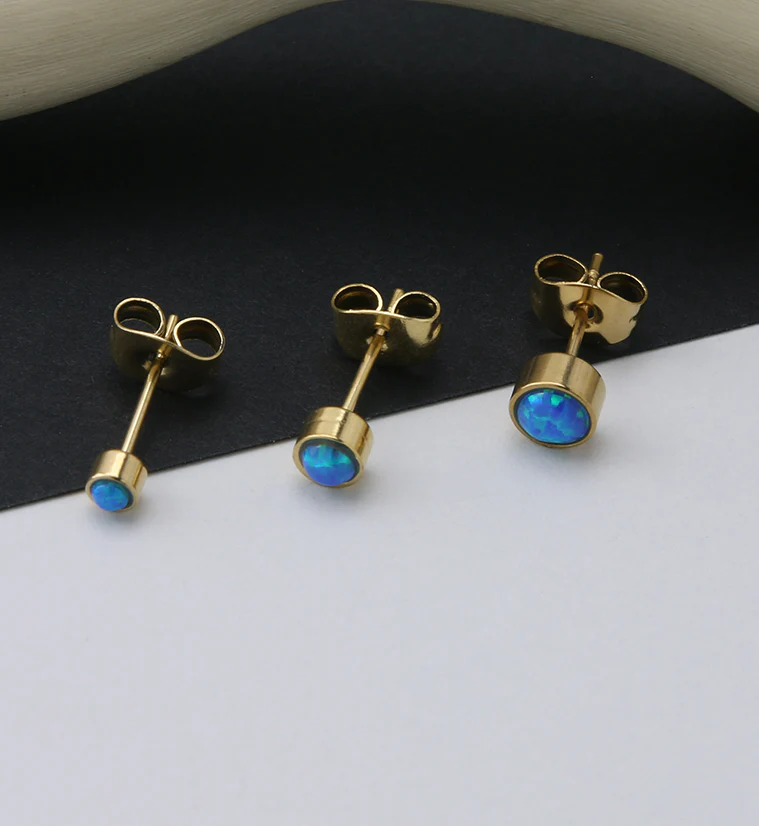 Gold PVD Bezel Blue Opalite Stainless Steel Earrings - Image 2