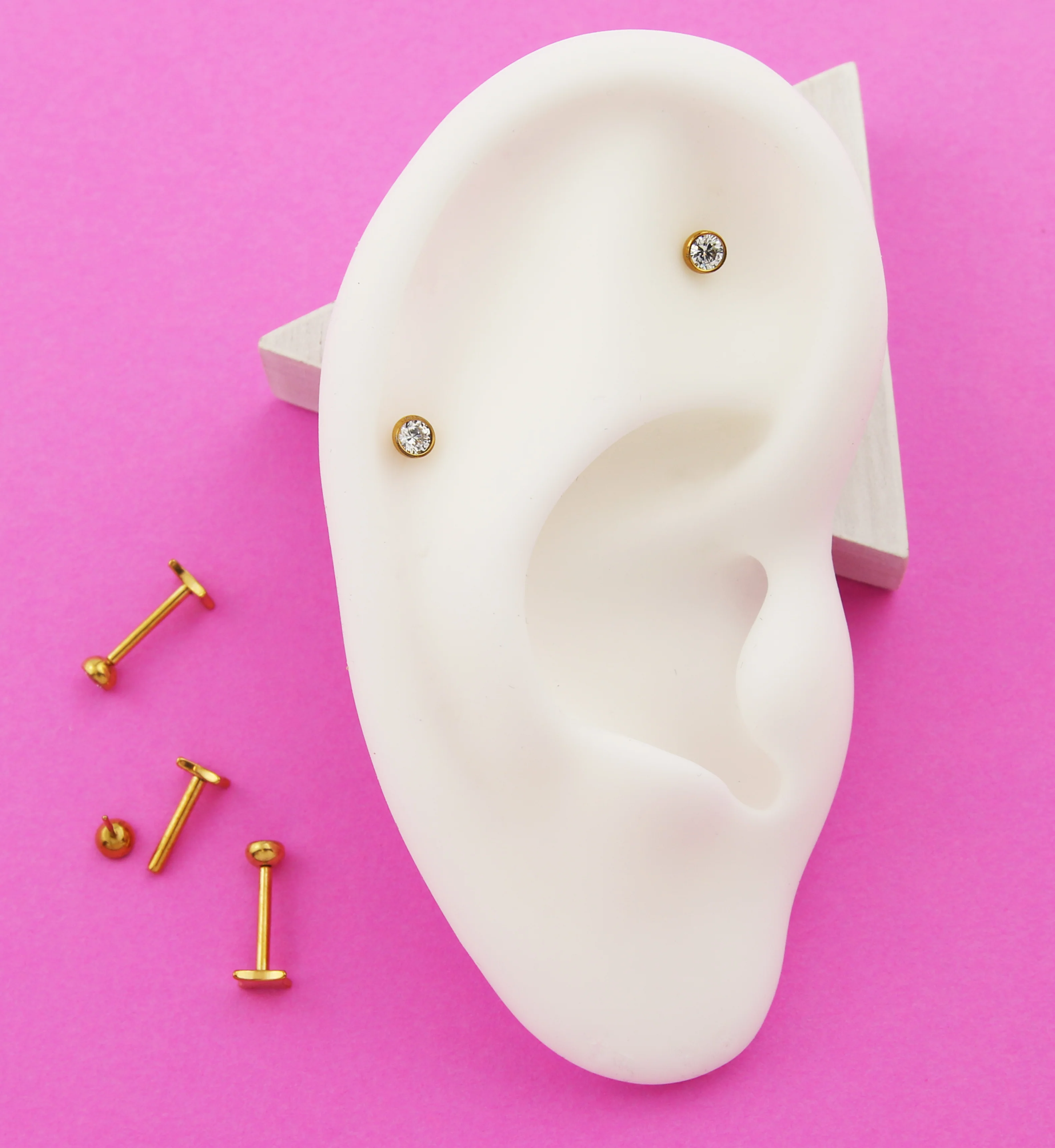 Gold PVD Bezel Clear CZ Rhombus Back Titanium Threadless Labret - Image 2
