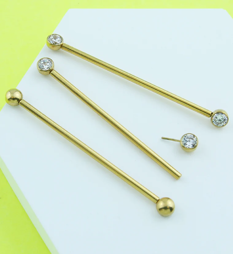 Gold PVD Bezel Clear CZ Threadless Titanium Industrial Barbell - Image 2