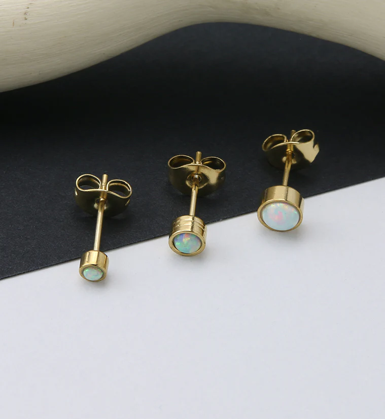 Gold PVD Bezel White Opalite Stainless Steel Earrings - Image 2
