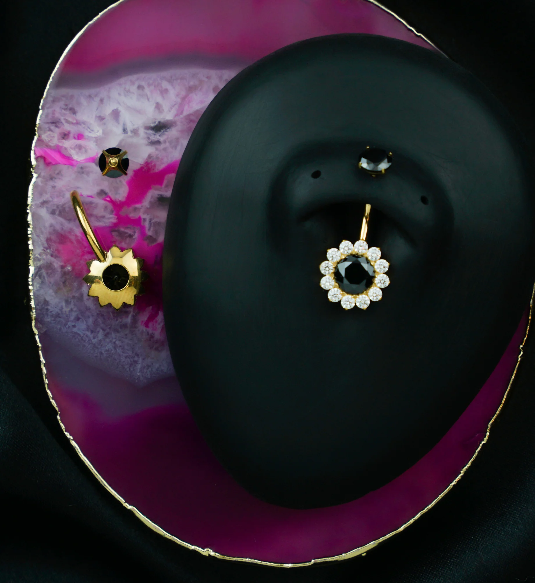 Gold PVD Black CZ Bold Flower Titanium Internally Threaded Belly Button Ring - Image 2