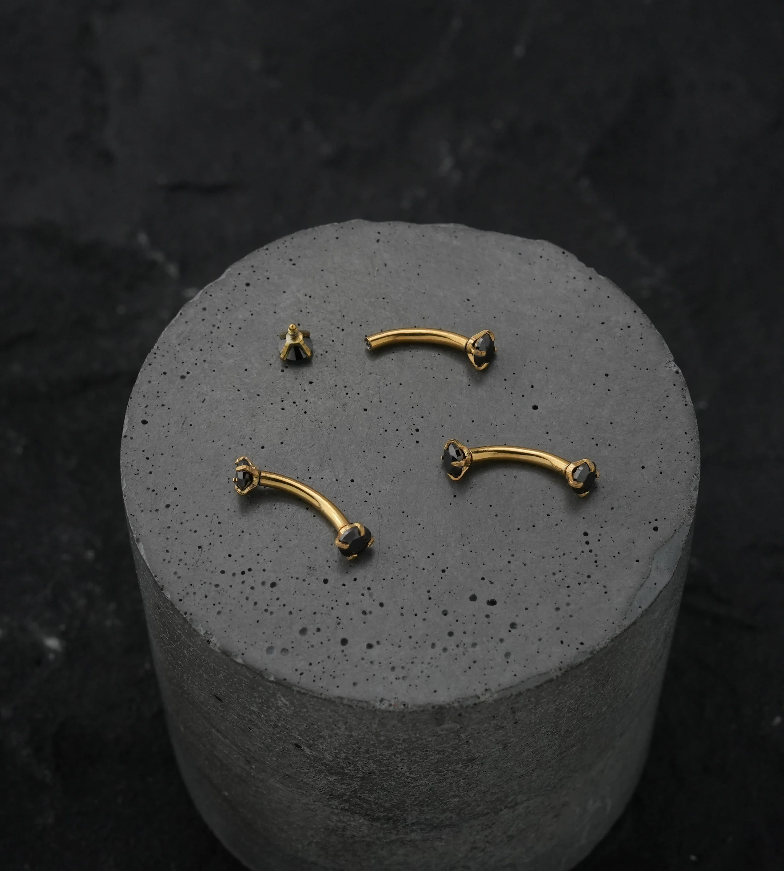Gold PVD Black CZ Prong Set Stainless Steel Curved Barbell - Image 2