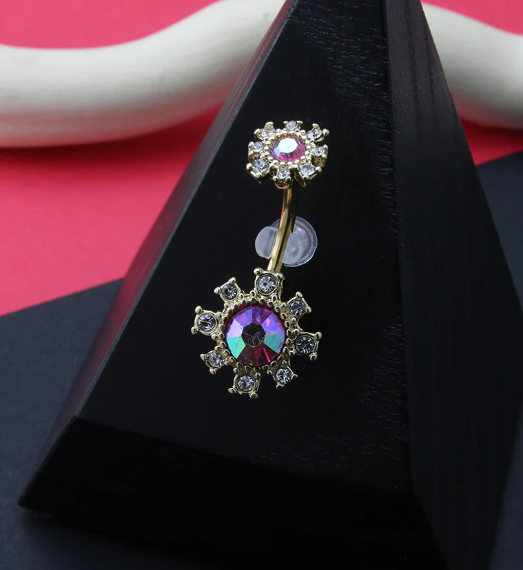Gold PVD Blossom Pink Aura CZ Belly Button Ring - Image 2
