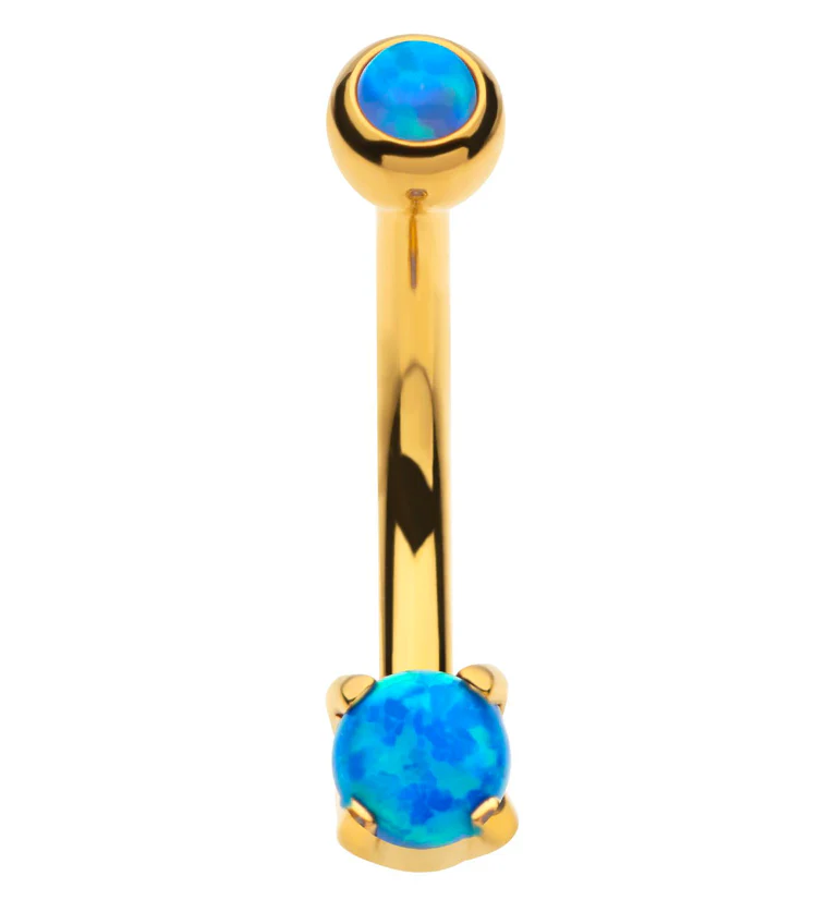Gold PVD Blue Opalite Prong Set Stainless Steel Curved Barbell