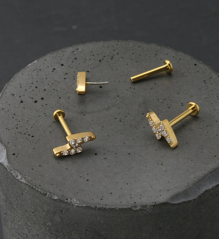 Gold PVD Bolt CZ Titanium Threadless Labret - Image 2