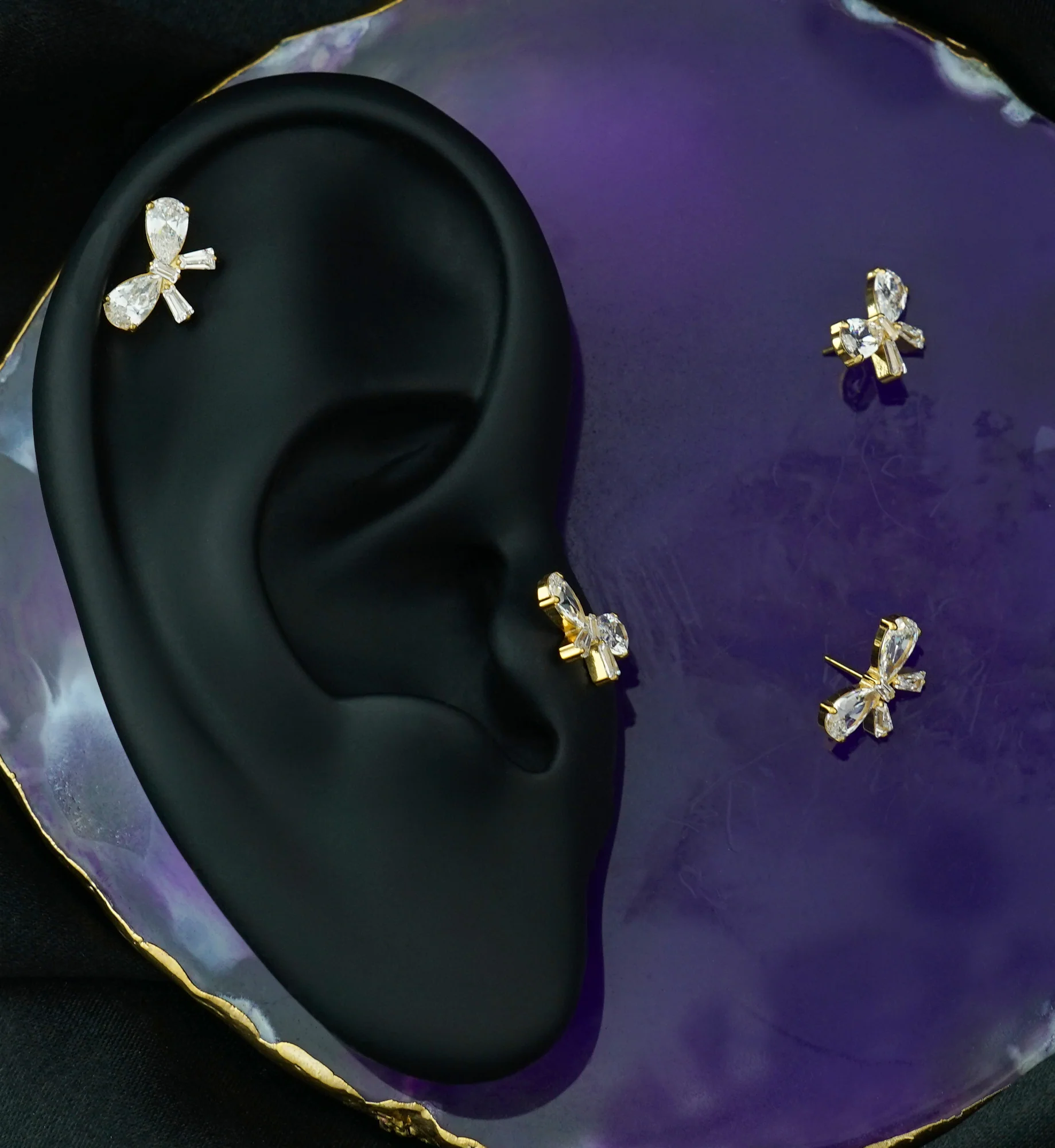 Gold PVD Bow Clear CZ Titanium Threadless Top - Image 2