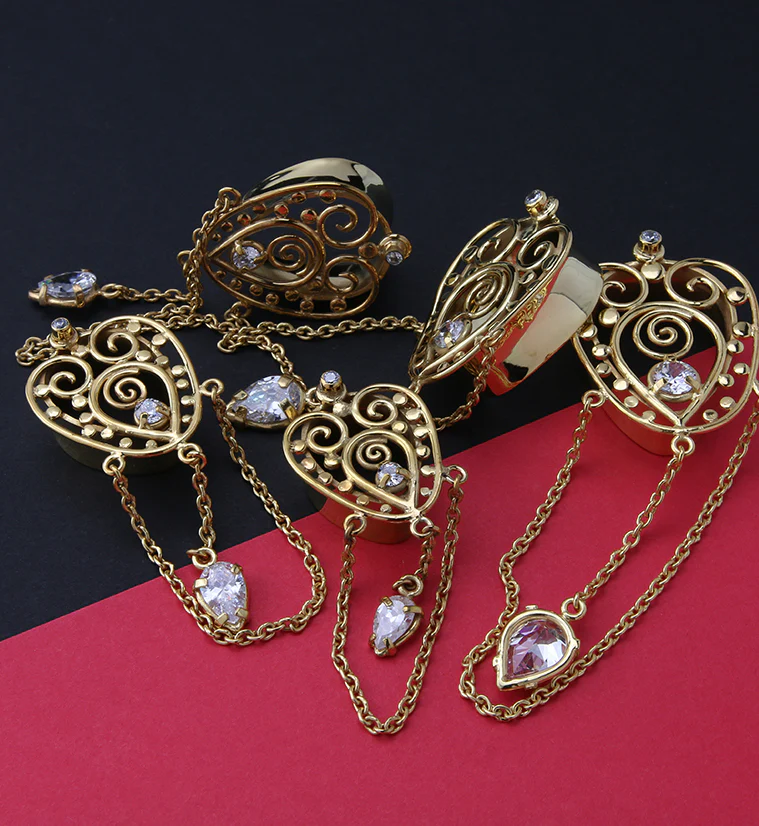 Gold PVD Brass Filigree Teardrop Tunnel Plugs With Chains - Image 2