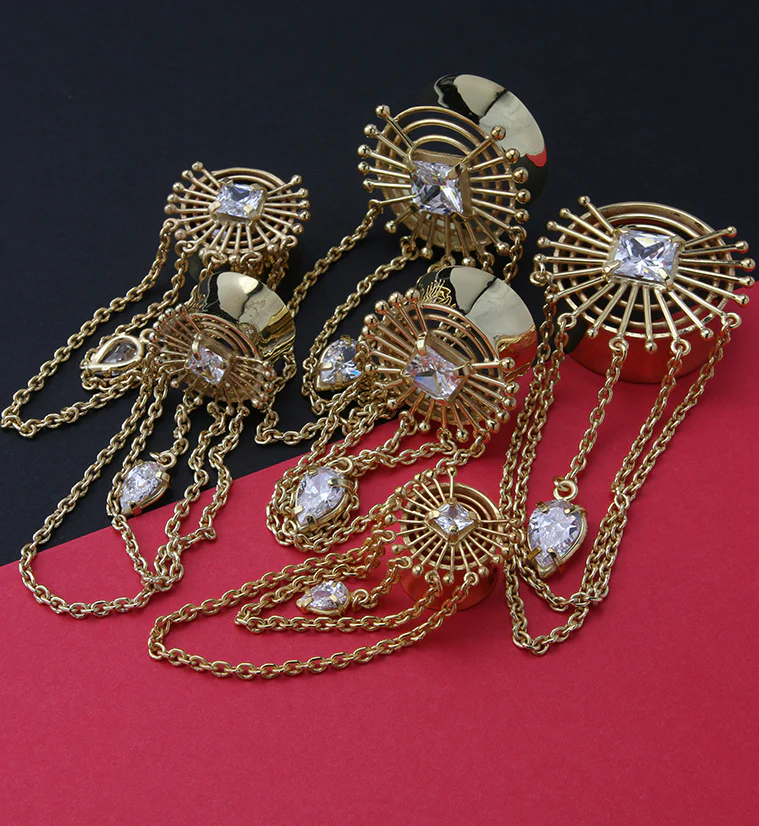 Gold PVD Brass Sunburst Tunnel Plugs With Chains - Image 2