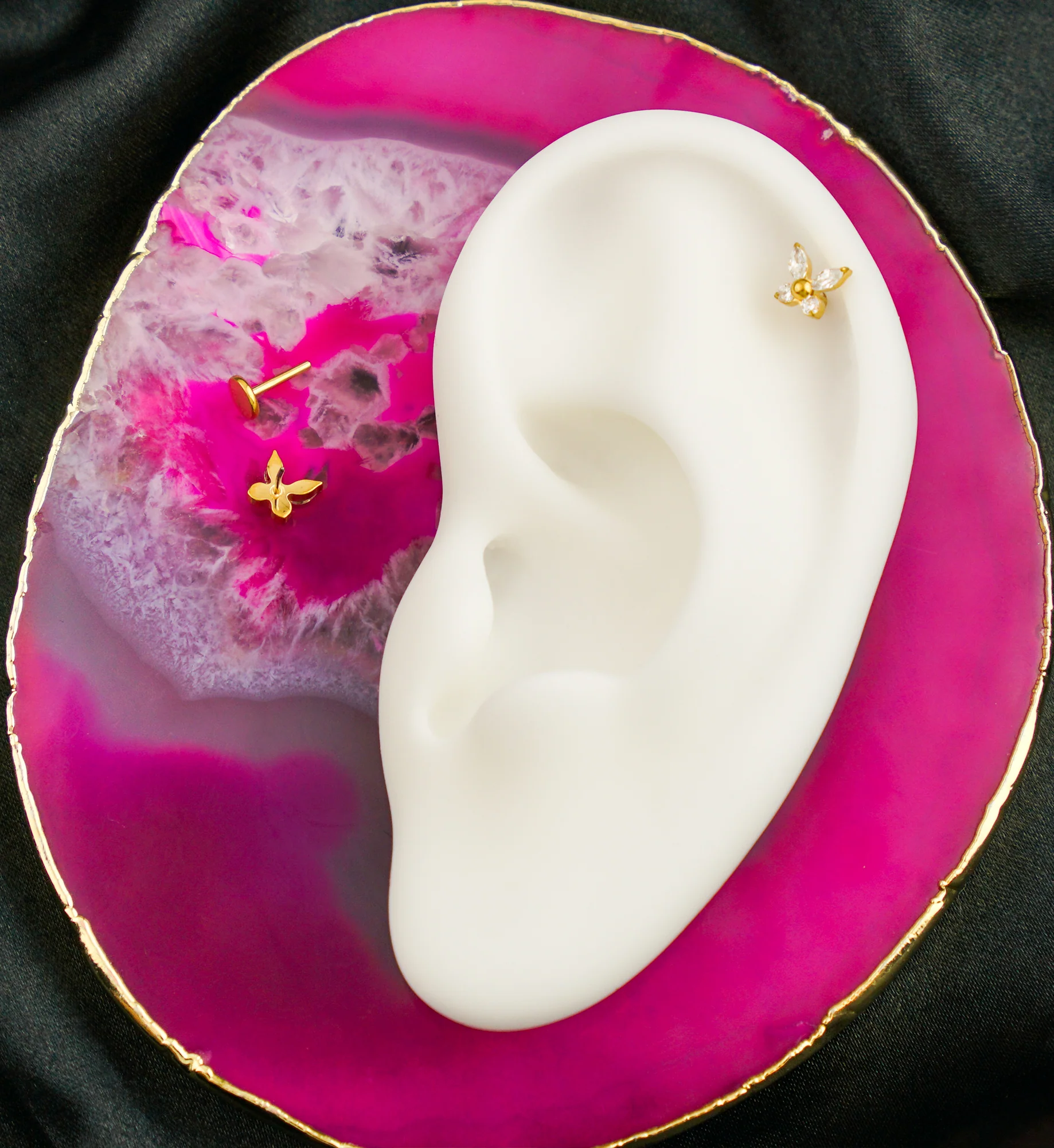 Gold PVD Butterfly Bead Clear CZ Titanium Threadless Labret - Image 2