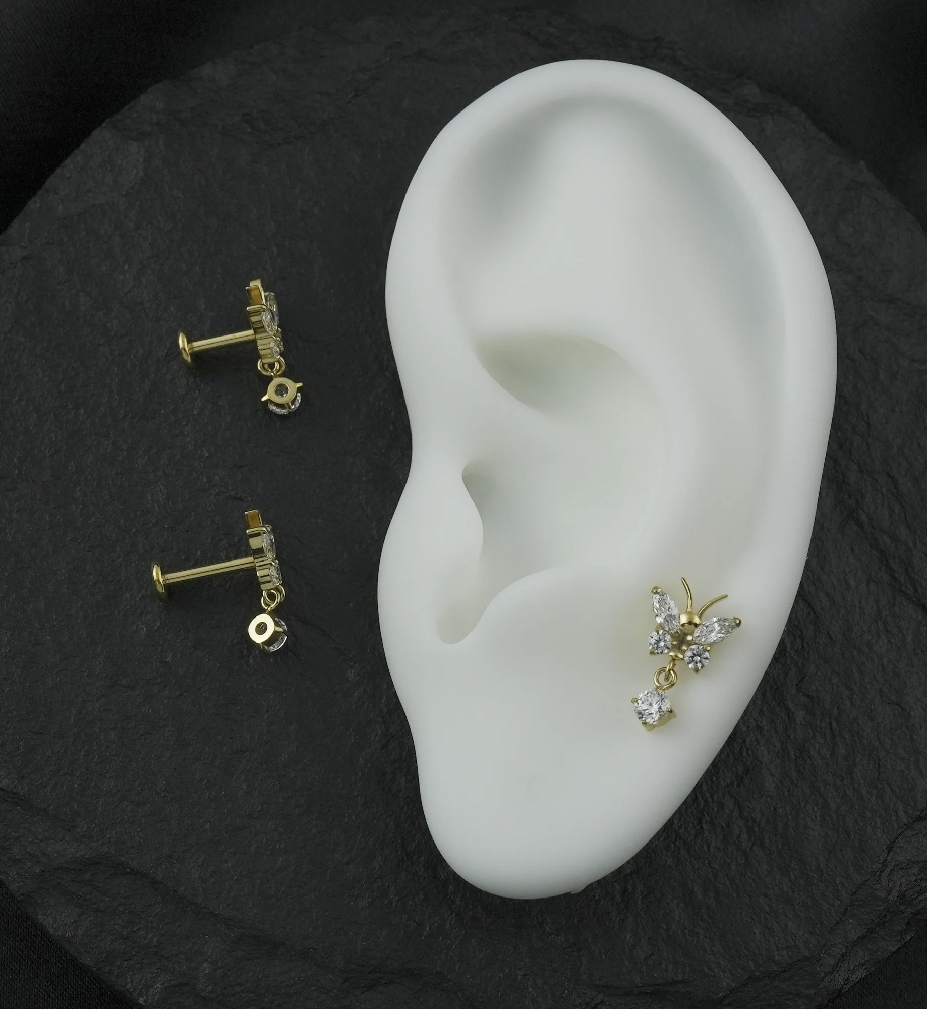 Gold PVD Butterfly Clear CZ Dangle Internally Threaded Titanium Labret - Image 2