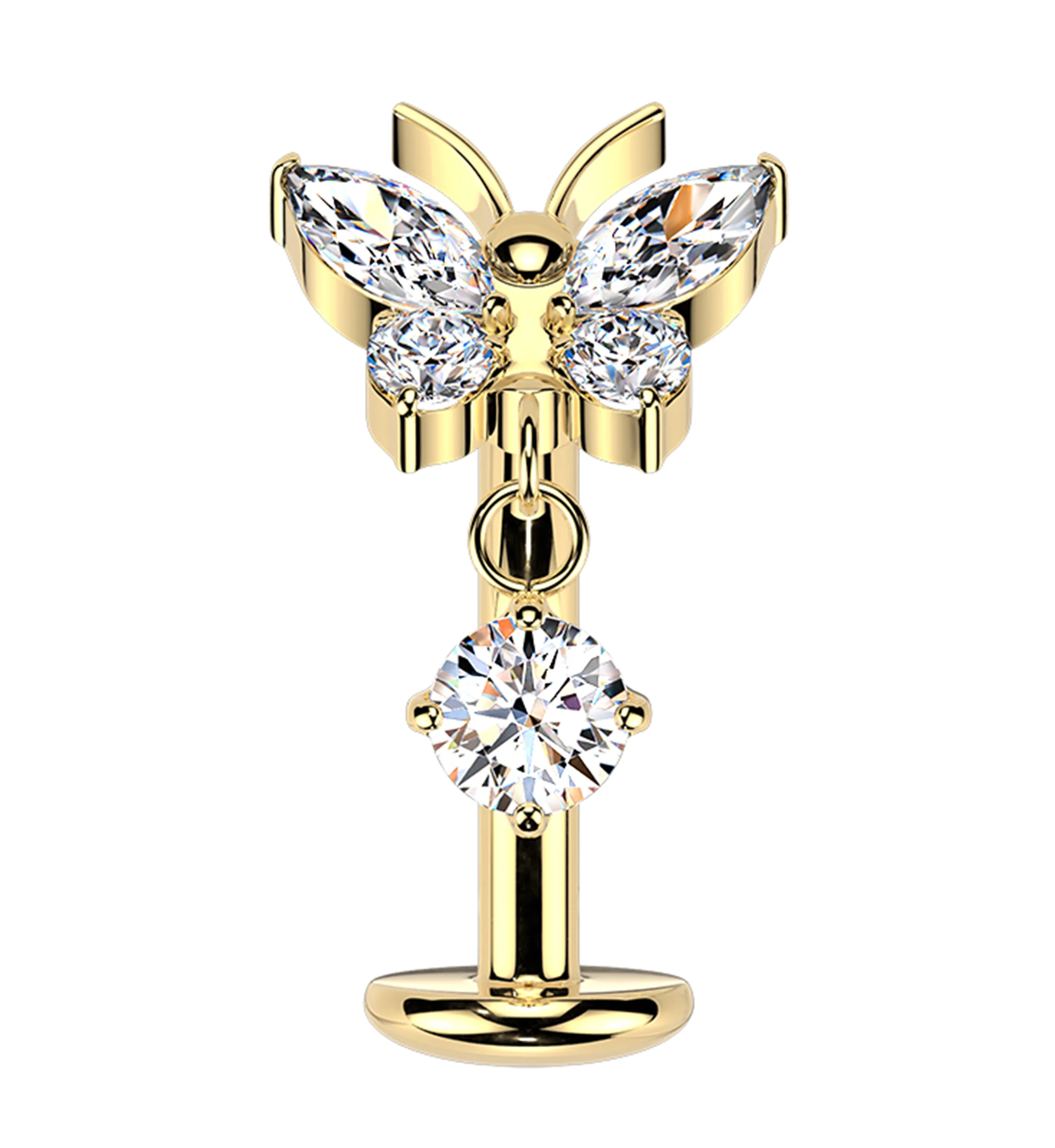 Gold PVD Butterfly Dangle CZ Titanium Threadless Floating Belly Button Ring