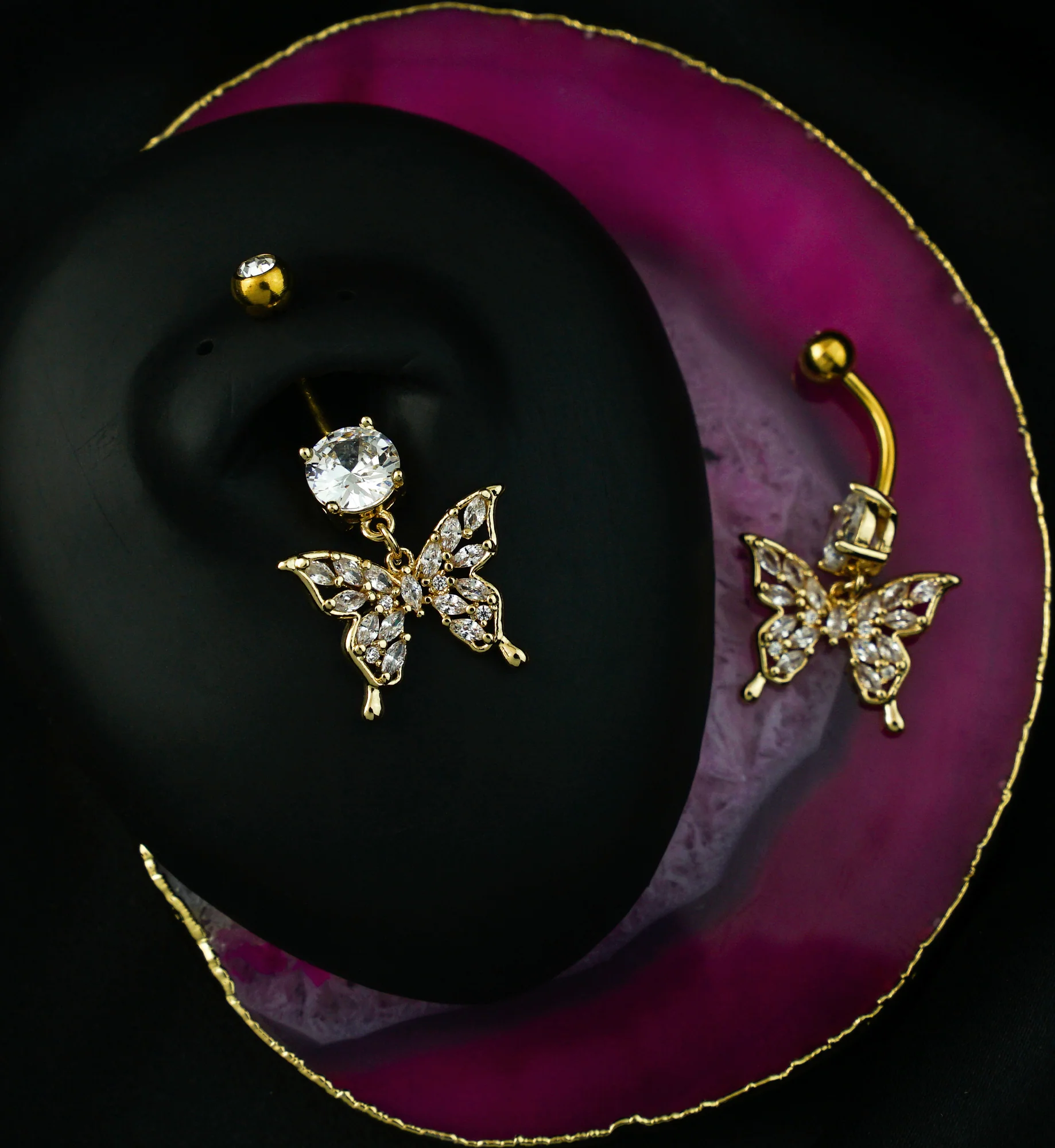 Gold PVD Butterfly Marquise CZ Filled Dangle Stainless Steel Belly Button Ring - Image 2