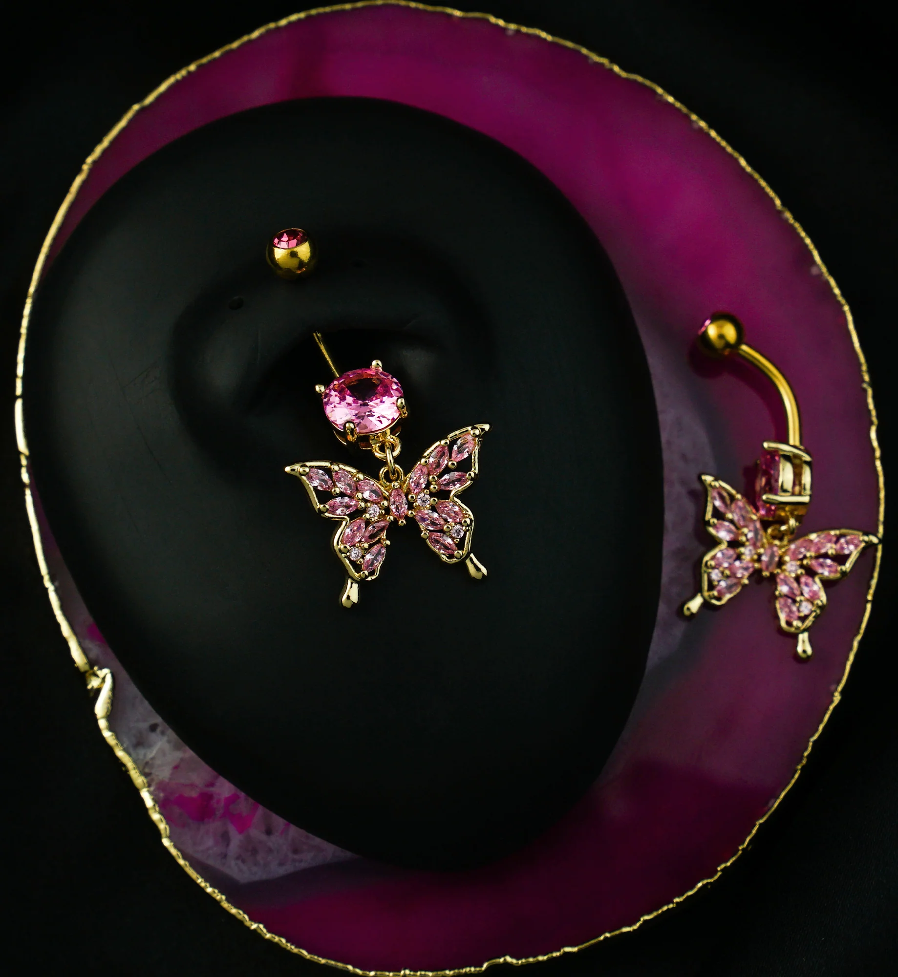 Gold PVD Butterfly Marquise Pink CZ Filled Dangle Stainless Steel Belly Button Ring - Image 2