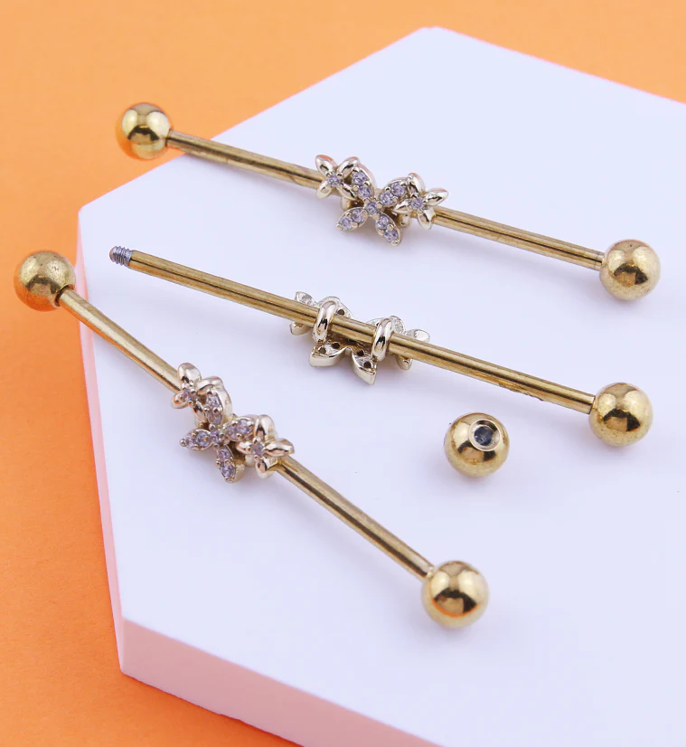 Gold PVD Butterfly Trio Clear CZ Stainless Steel Industrial Barbell - Image 2