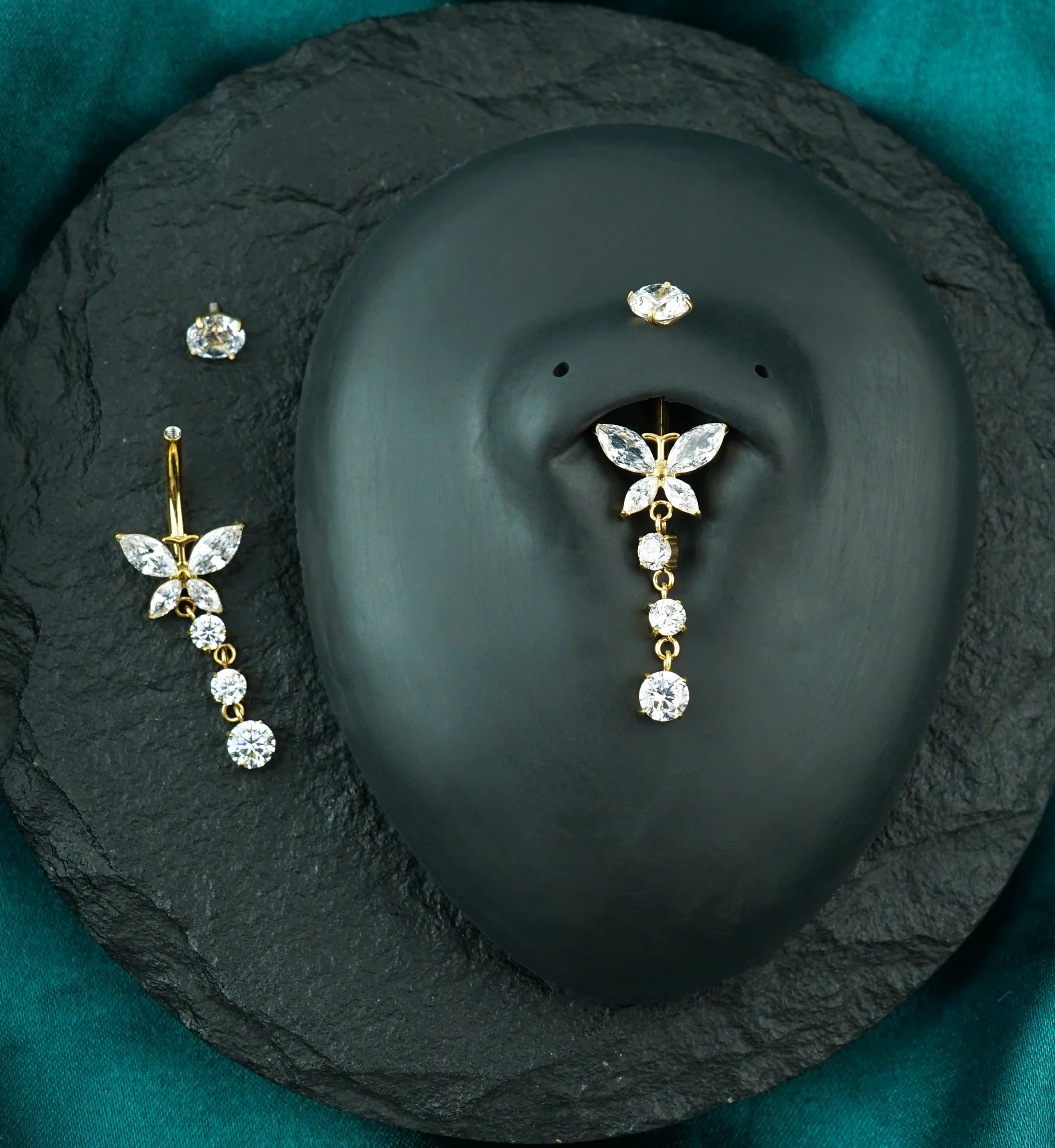 Gold PVD Butterfly Triple Dangle Clear CZ Titanium Internally Threaded Belly Button Ring - Image 2