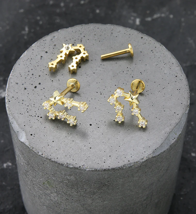 Gold PVD Cancer Constellation Clear CZ Stainless Steel Internally Threaded Labret - Image 2