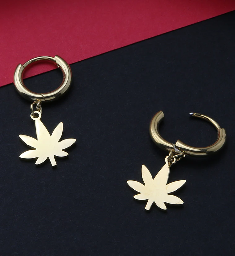 Gold PVD Cannabis Stainless Steel Hinged Earrings - Image 2
