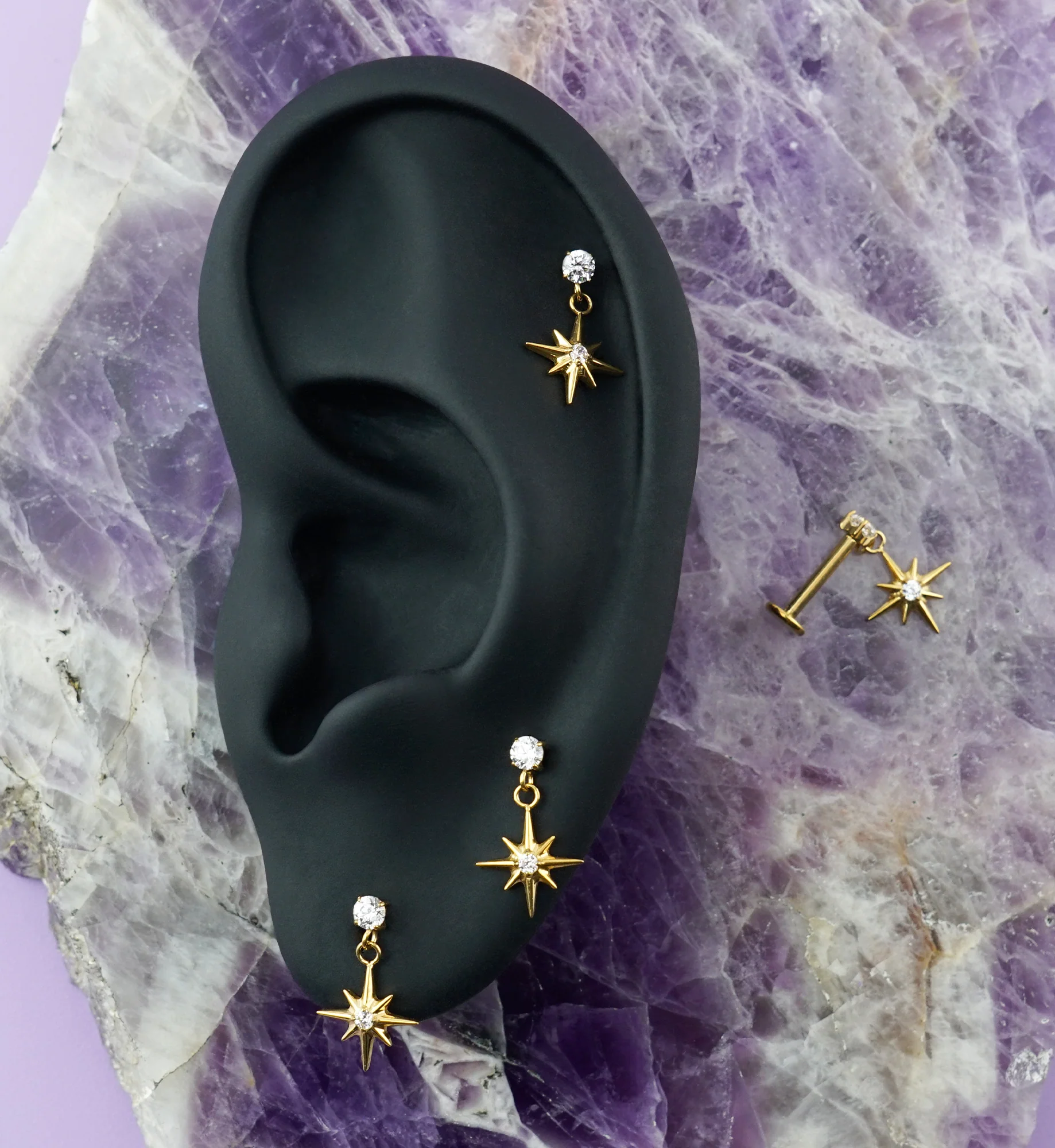 Gold PVD Cardinal Points CZ Dangle Internally Threaded Titanium Labret - Image 2