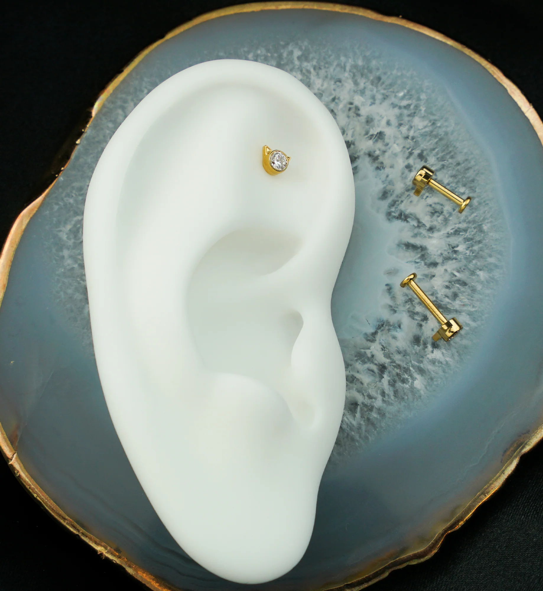 Gold PVD Cat Clear CZ Internally Threaded Titanium Labret - Image 2