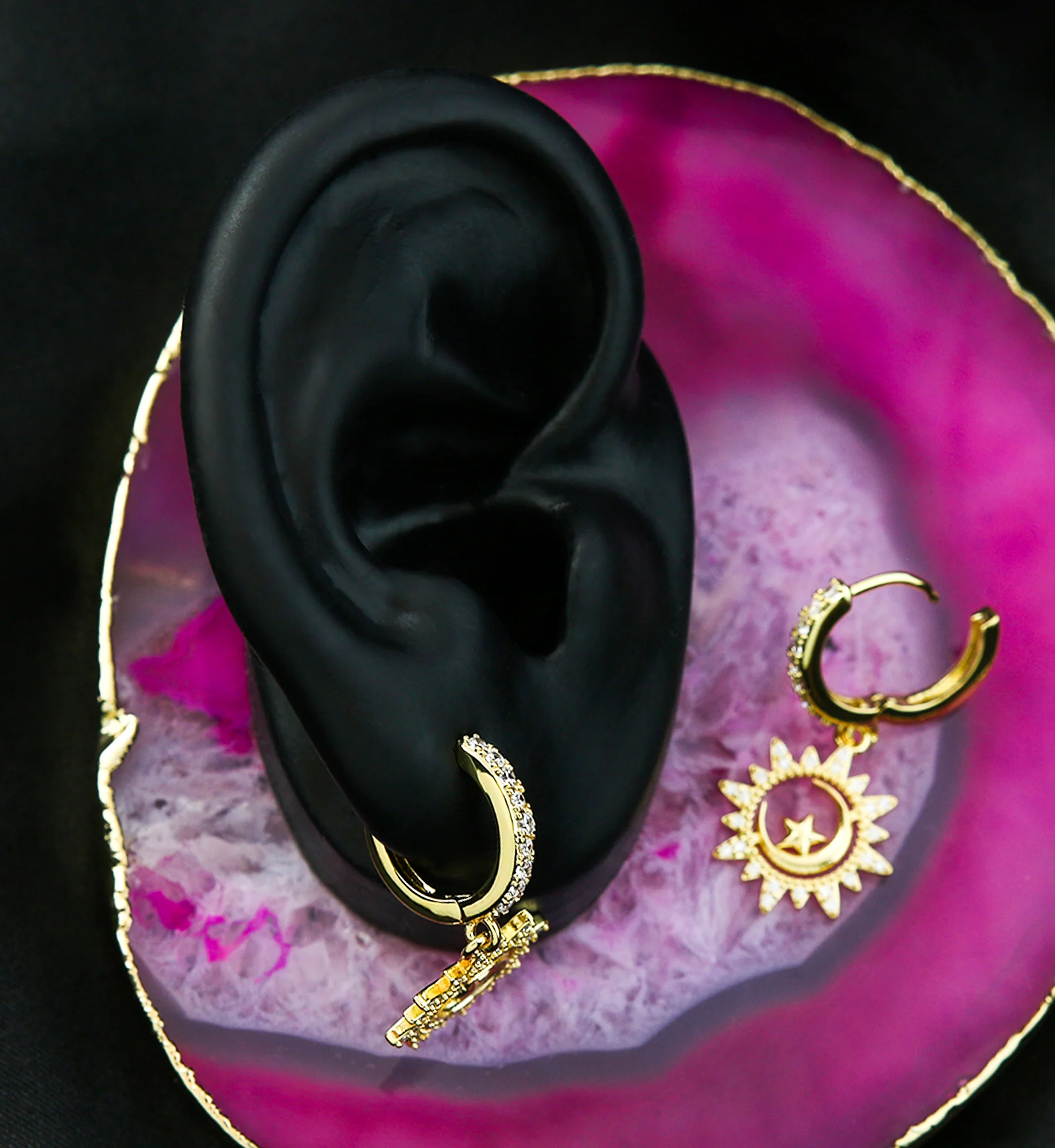 Gold PVD Celestial CZ Stainless Steel Hoop Earrings - Image 2