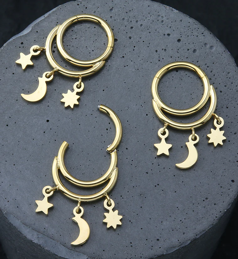 Gold PVD Celestial Dangle Stainless Steel Hinged Segment Ring - Image 2
