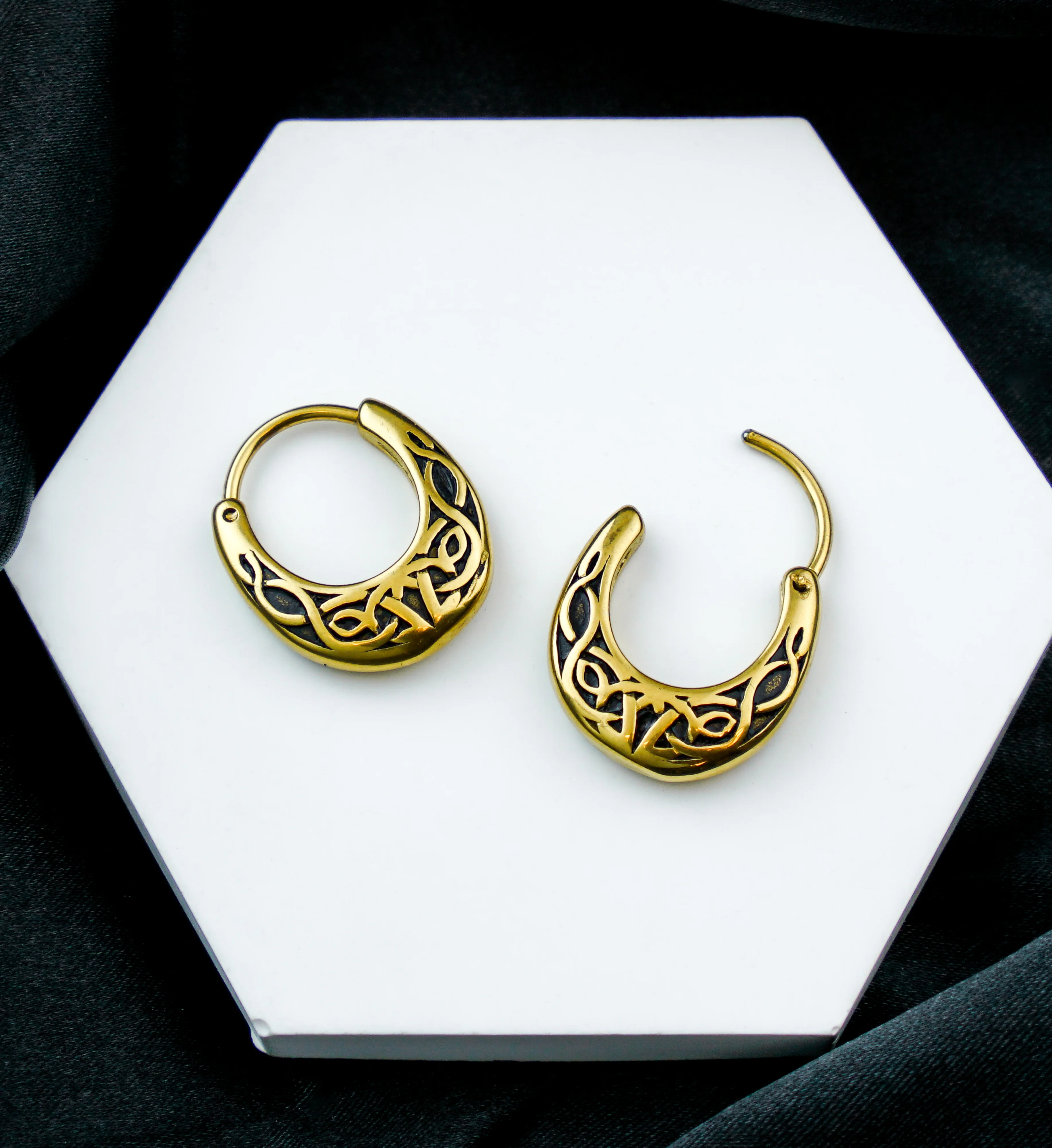Gold PVD Celtic Knot Hoop Stainless Steel Hinged Earrings - Image 2