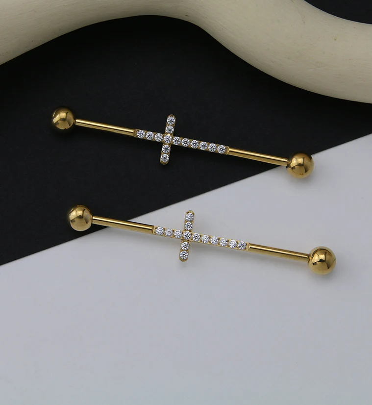 Gold PVD Center CZ Cross Titanium Industrial Barbell - Image 2