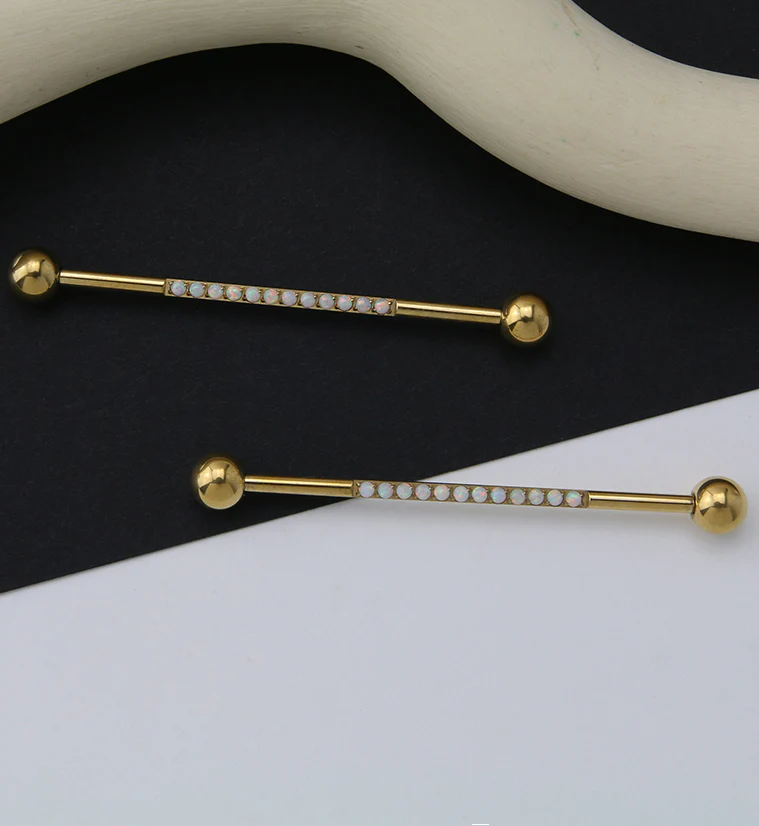 Gold PVD Center Line White Opalite Titanium Industrial Barbell - Image 2