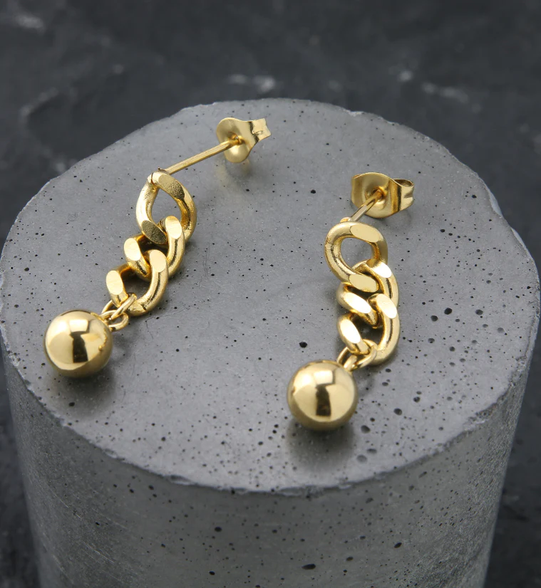 Gold PVD Chain Link Ball Stainless Steel Earrings - Image 2