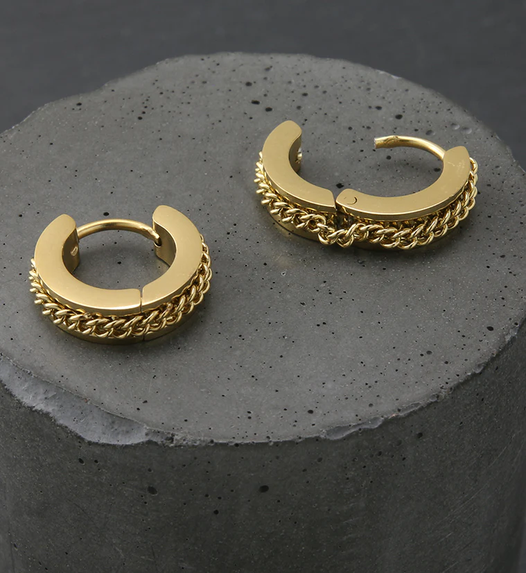 Gold PVD Chain Link Stainless Steel Hinged Hoop Earrings - Image 2