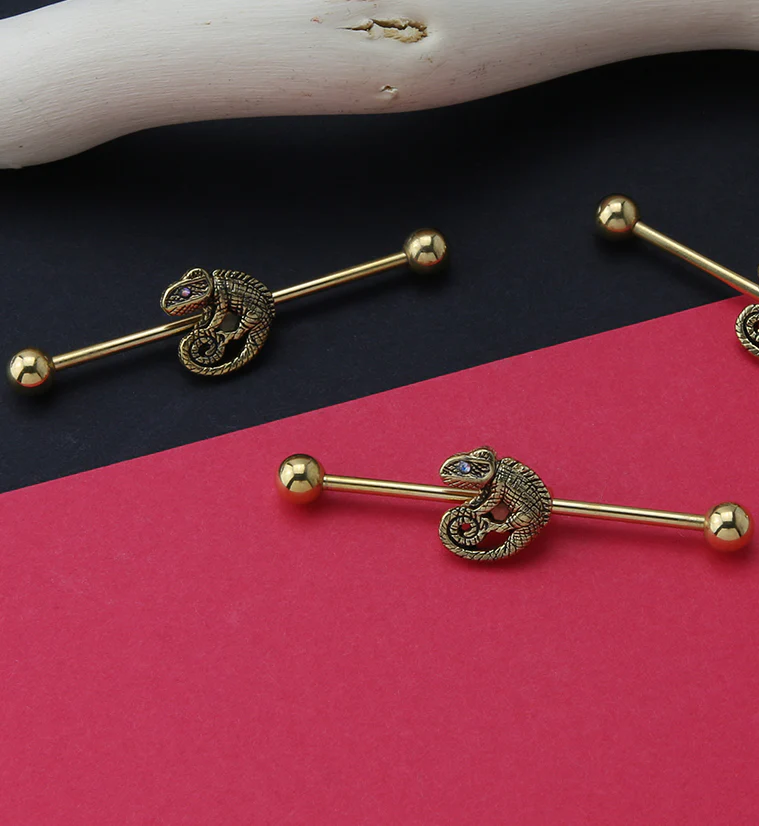 Gold PVD Chameleon Industrial Barbell - Image 2