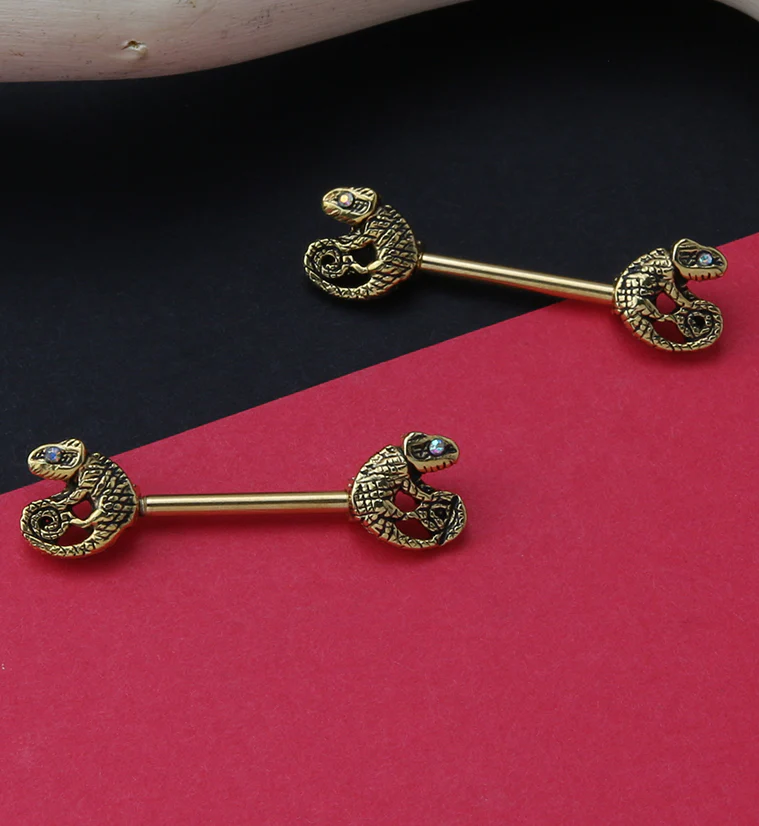 Gold PVD Chameleon Nipple Ring Barbell - Image 2