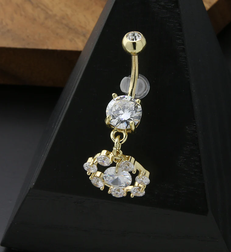 Gold PVD Circle Dangle CZ Stainless Steel Belly Button Ring - Image 2